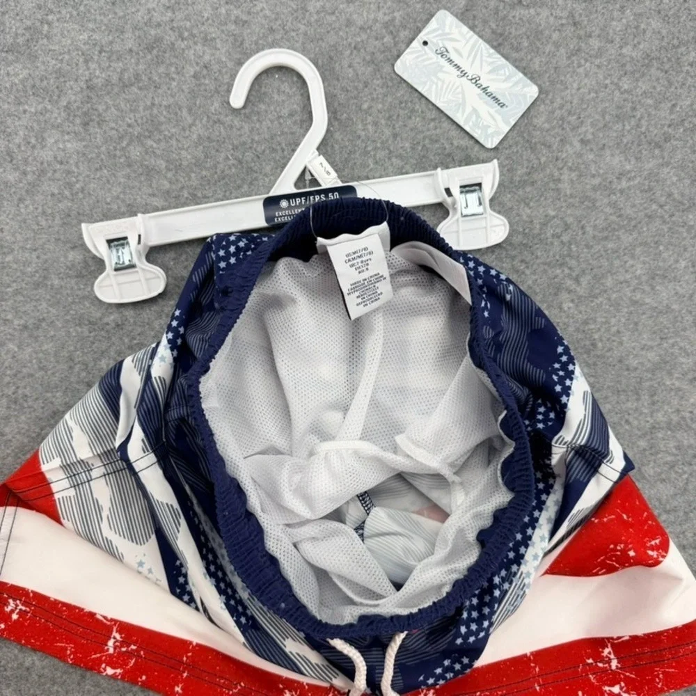 Tommy Bahama Boys M 7/8 American Flag Swim Trunks UPF 50 Red White Blue NWT